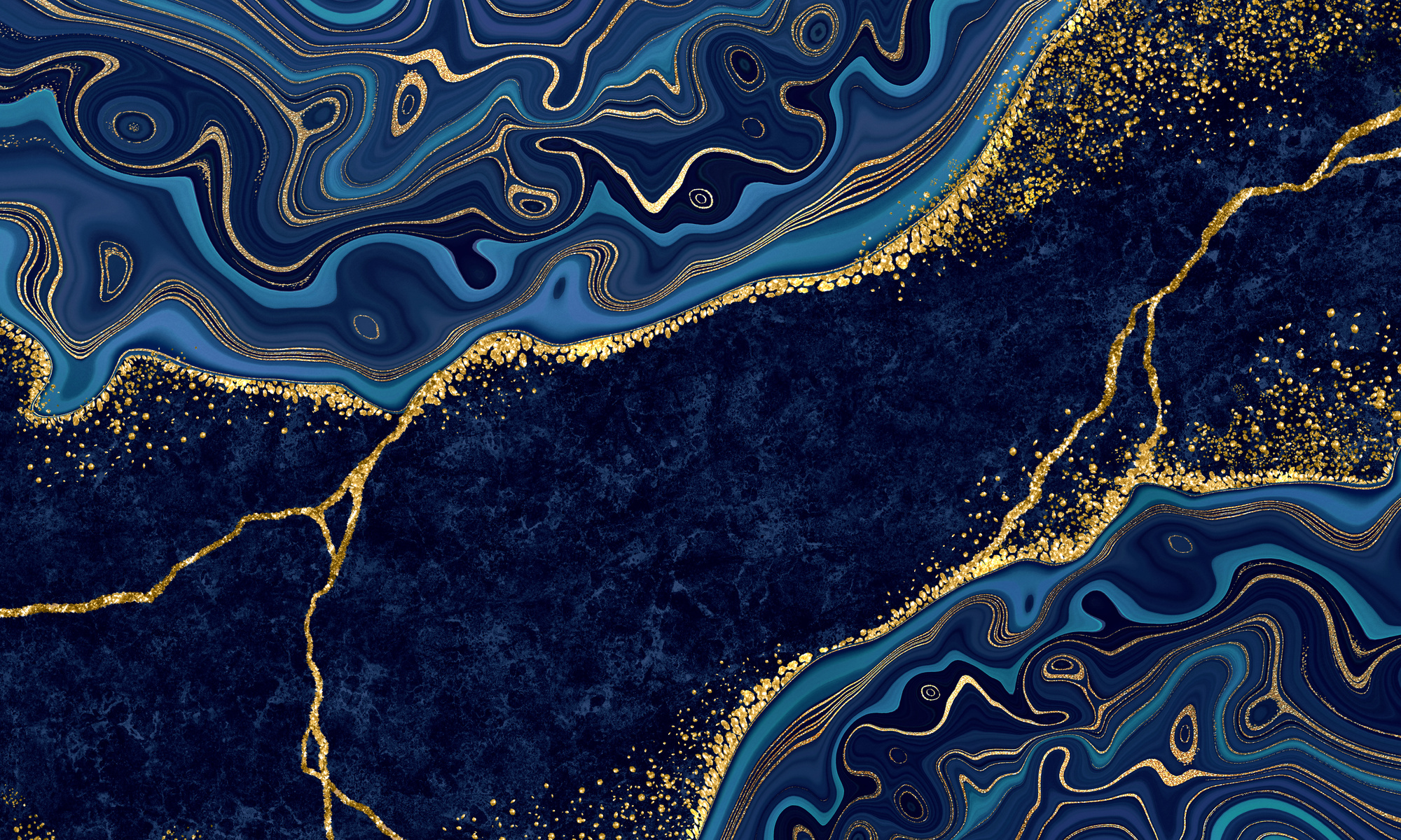 abstract blue gold background, artificial texture of marble and agate, creative japanese kintsugi effect, decorative marbling wallpaper